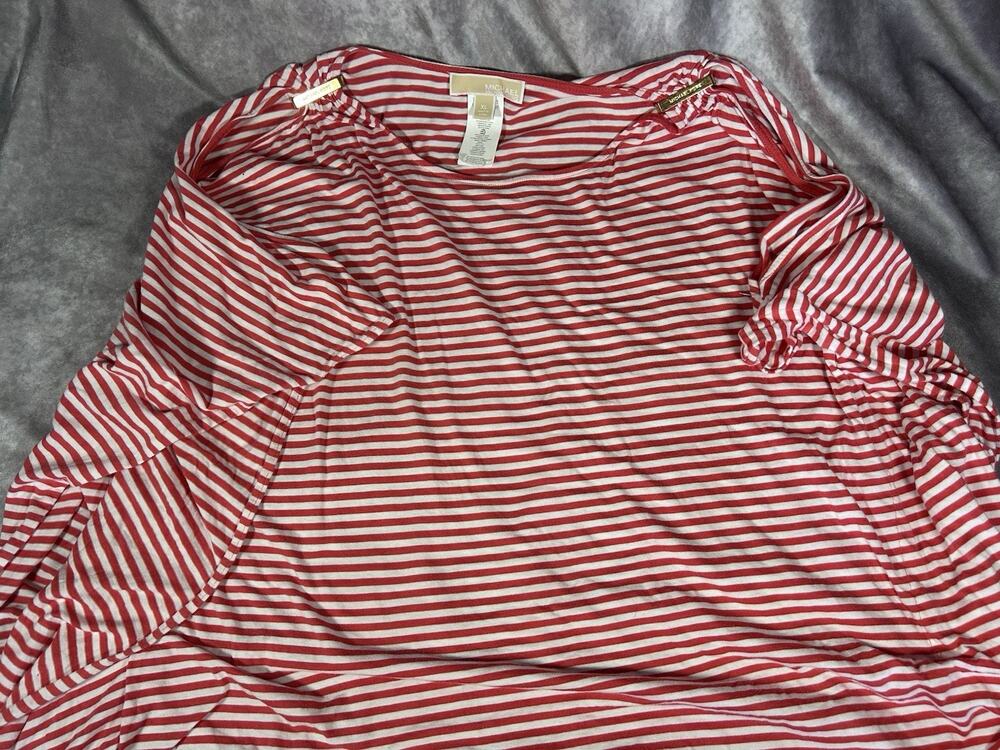 Michael Kors Women's XL Batwing Top Red White Striped Dolman Blouse Gold Logo